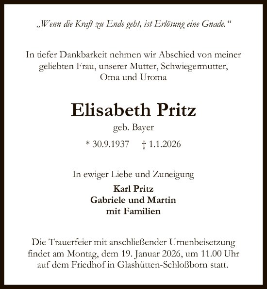 Traueranzeige von Elisabeth Pritz von FNP