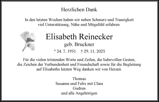 Traueranzeige von Elisabeth Reinecker von FNP