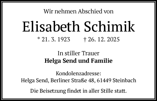 Traueranzeige von Elisabeth Schimik von FNP