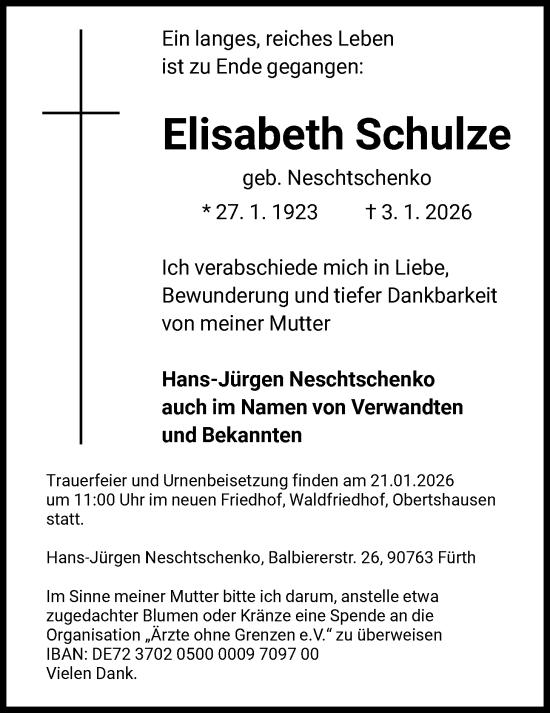 Traueranzeige von Elisabeth Schulze von OFOP