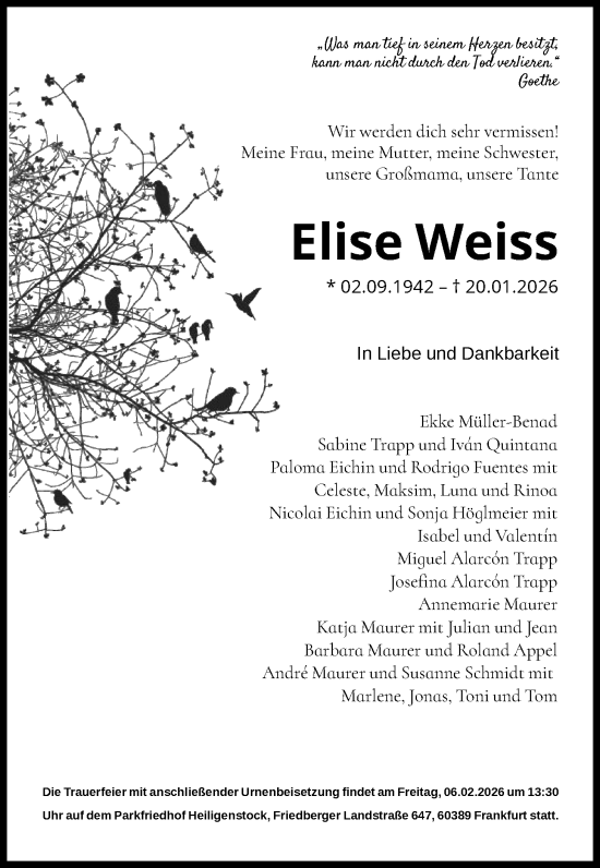 Traueranzeige von Elise Weiss von FNP