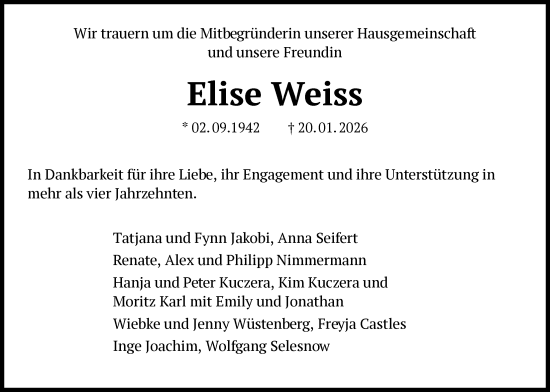 Traueranzeige von Elise Weiss von FNP
