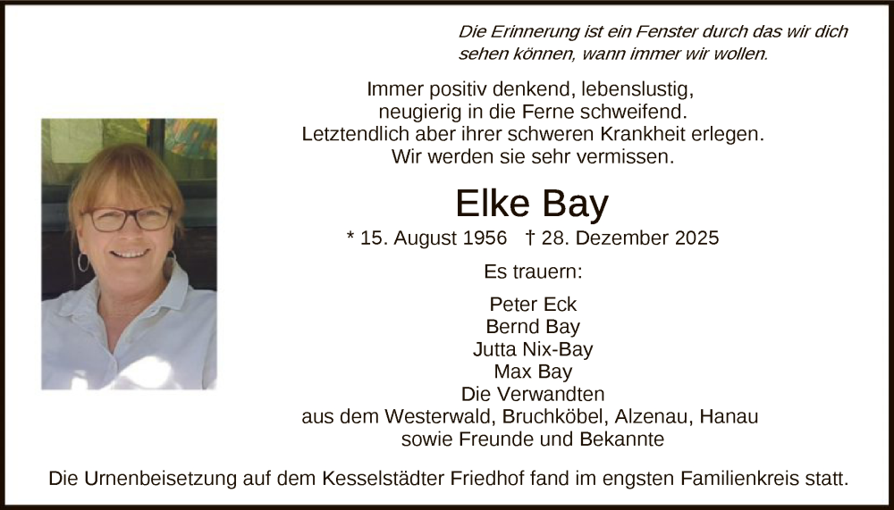  Traueranzeige für Elke Bay vom 24.01.2026 aus OFHA