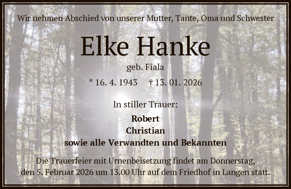  Traueranzeige für Elke Hanke vom 24.01.2026 aus OF0W