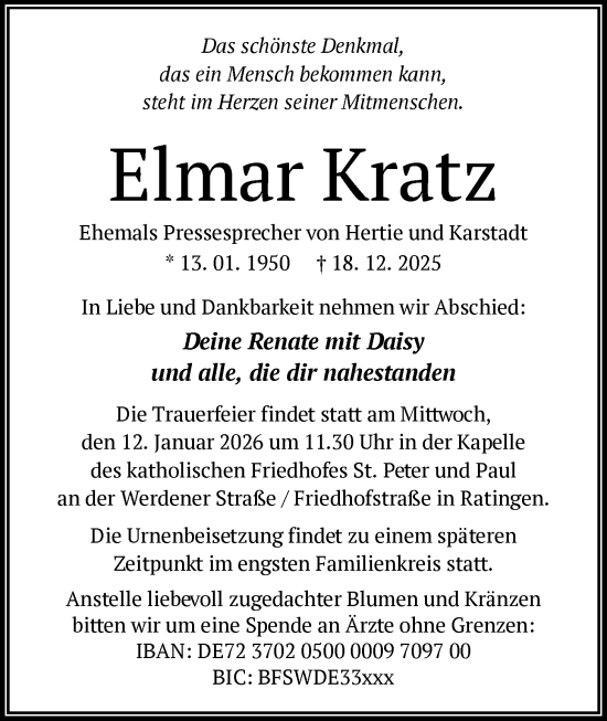 Traueranzeige von Elmar Kratz von FNP