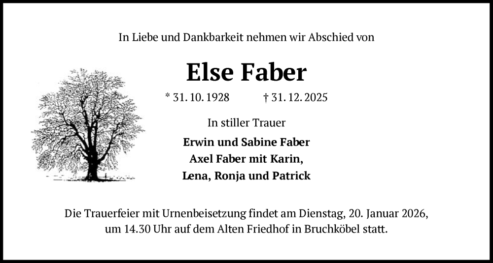  Traueranzeige für Else Faber vom 10.01.2026 aus OFHA