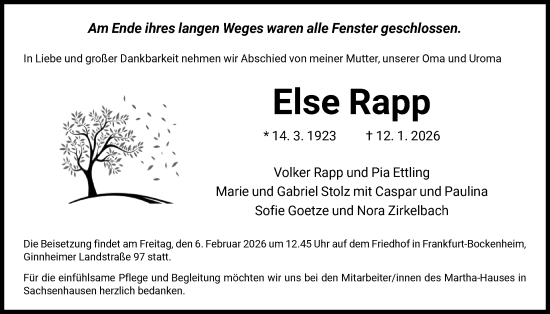 Traueranzeige von Else Rapp von FNP
