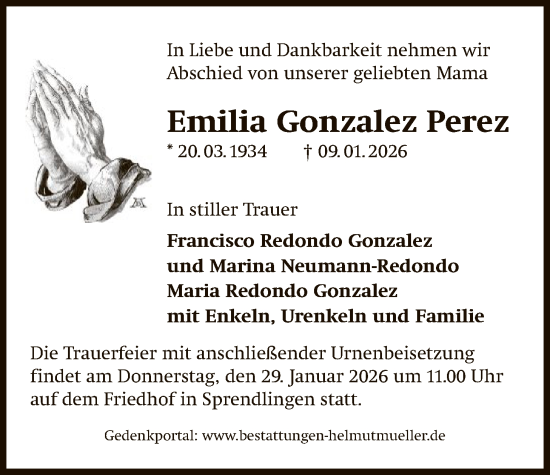 Traueranzeige von Emilia Gonzalez Perez von OF0W