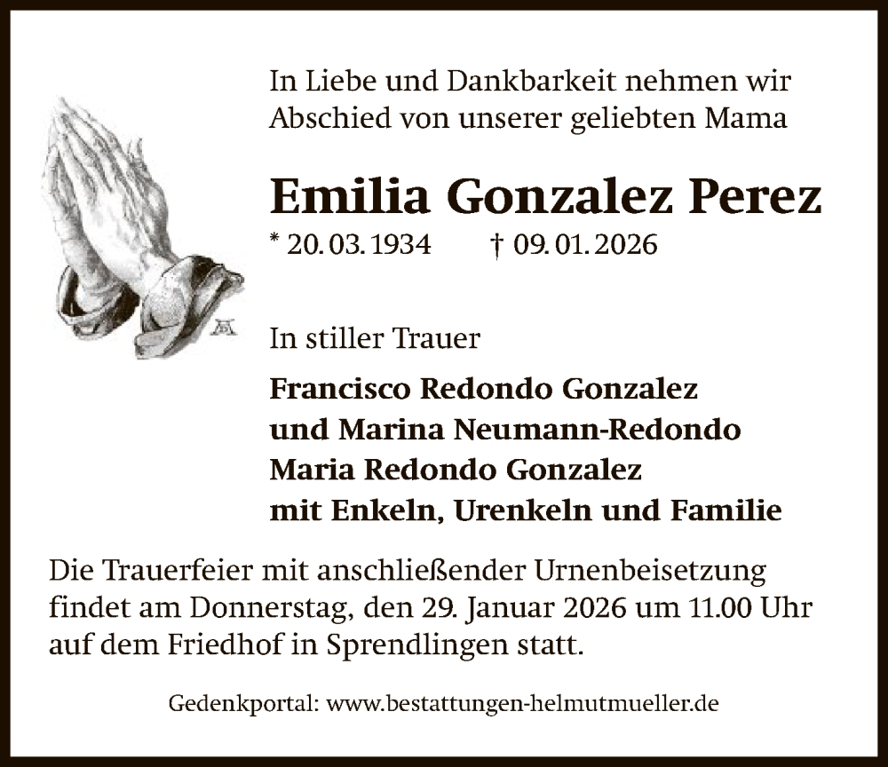  Traueranzeige für Emilia Gonzalez Perez vom 24.01.2026 aus OF0W