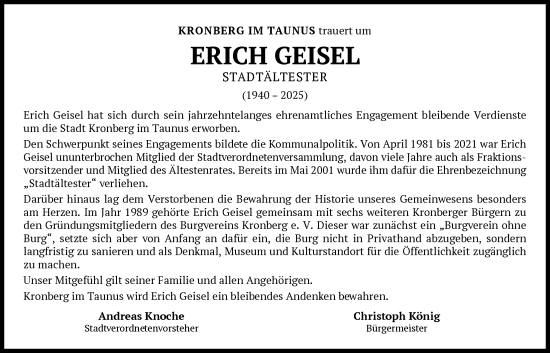 Traueranzeige von Erich Geisel von FNP