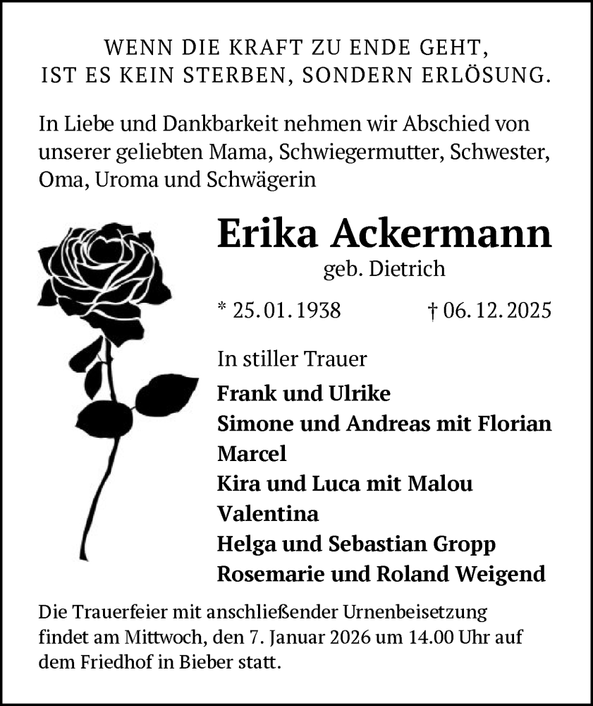 Traueranzeige für Erika Ackermann vom 03.01.2026 aus OFOP