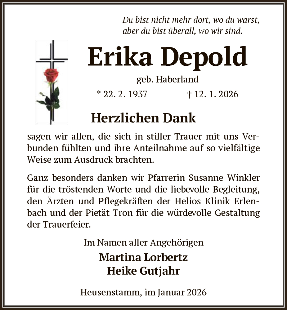  Traueranzeige für Erika Depold vom 31.01.2026 aus OFOP