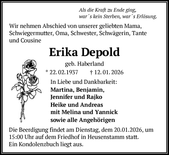 Traueranzeige von Erika Depold von OFOP