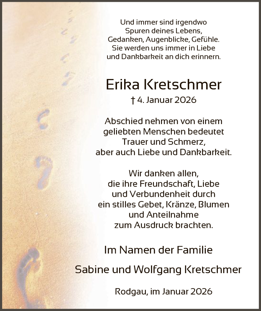  Traueranzeige für Erika Kretschmer vom 29.01.2026 aus OFOP