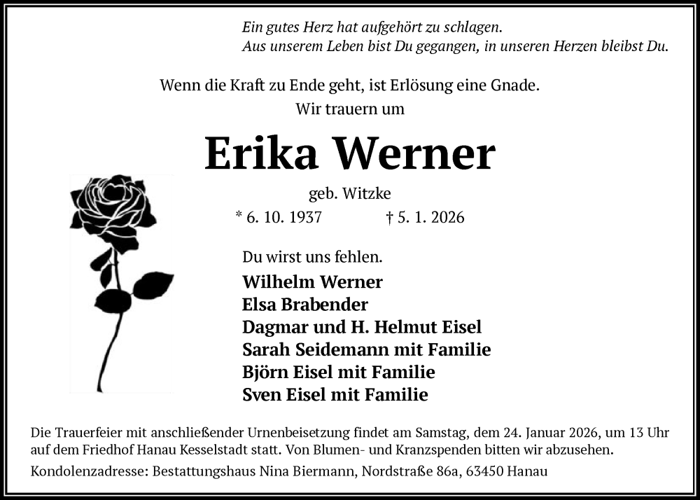  Traueranzeige für Erika Werner vom 17.01.2026 aus OFHA