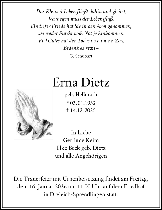 Traueranzeige von Erna Dietz von OF0W