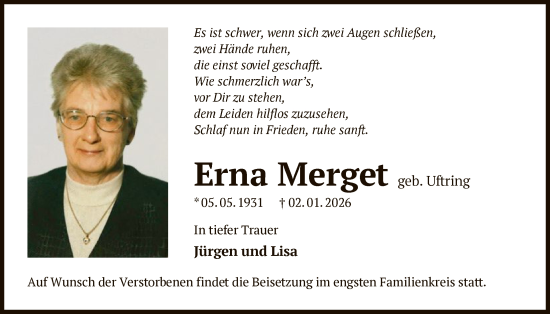 Traueranzeige von Erna Merget von OFOP