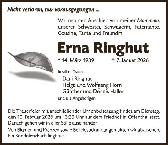 Traueranzeige von Erna Ringhut von OFOP