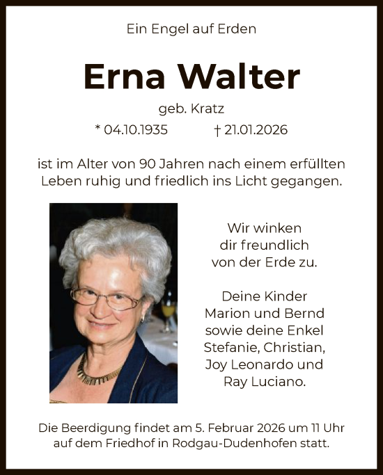 Traueranzeige von Erna Walter von OF0L