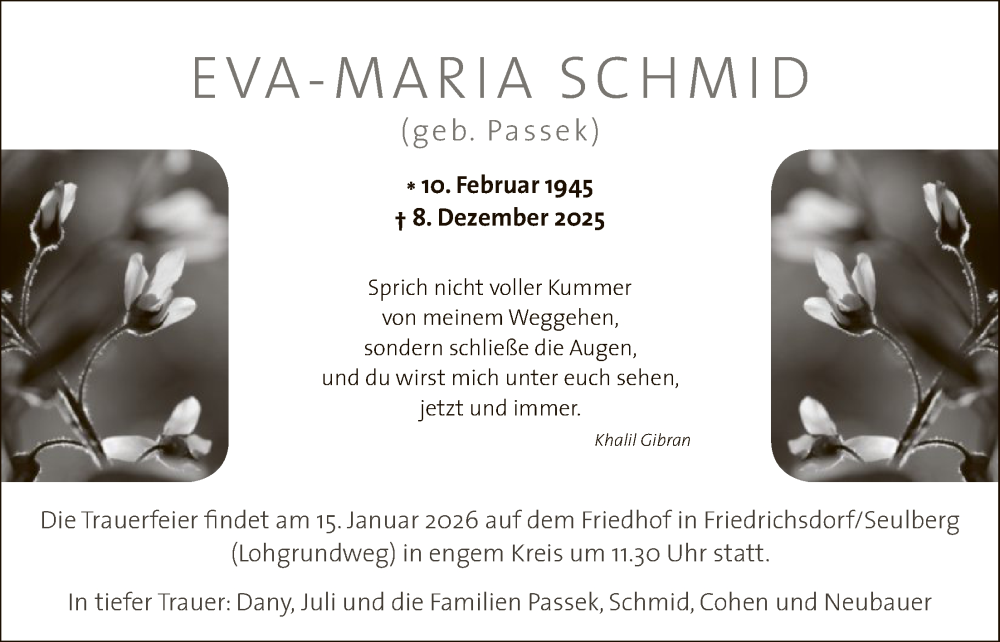  Traueranzeige für Eva-Maria Schmid vom 10.01.2026 aus FNP
