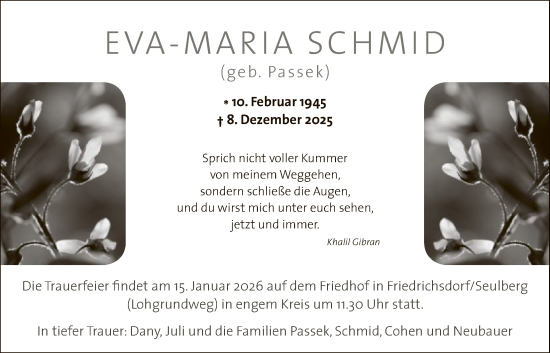 Traueranzeige von Eva-Maria Schmid von FNP