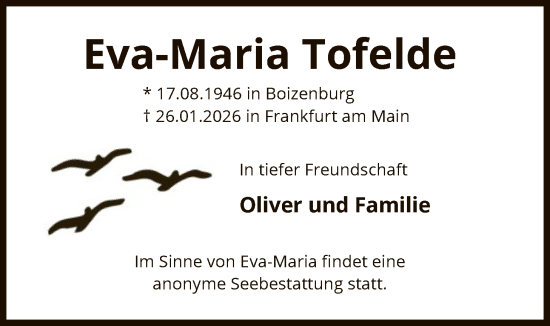 Traueranzeige von Eva-Maria Tofelde von FNP