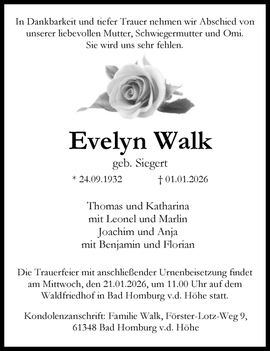 Traueranzeige von Evelyn Walk von FNP