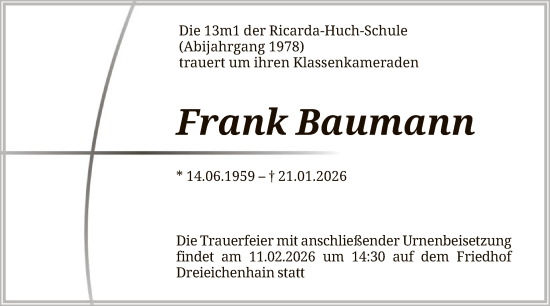 Traueranzeige von Frank Baumann von OFOPOF0W
