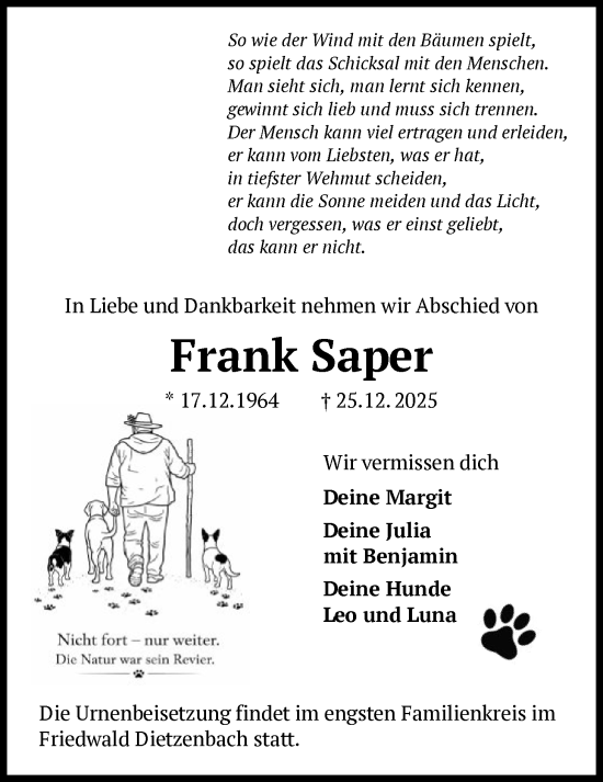 Traueranzeige von Frank Saper von OFOP