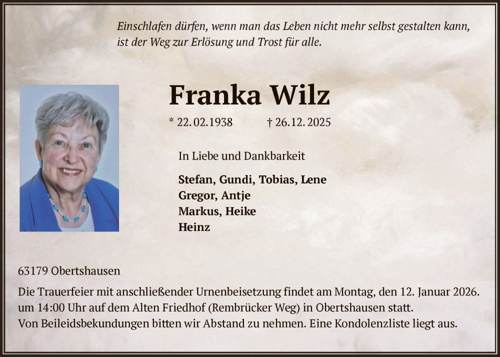  Traueranzeige für Franka Wilz vom 10.01.2026 aus OFOP