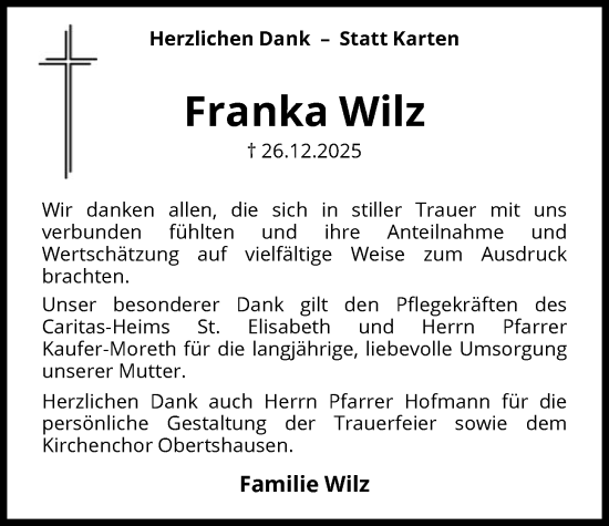 Traueranzeige von Franka Wilz von OFOP