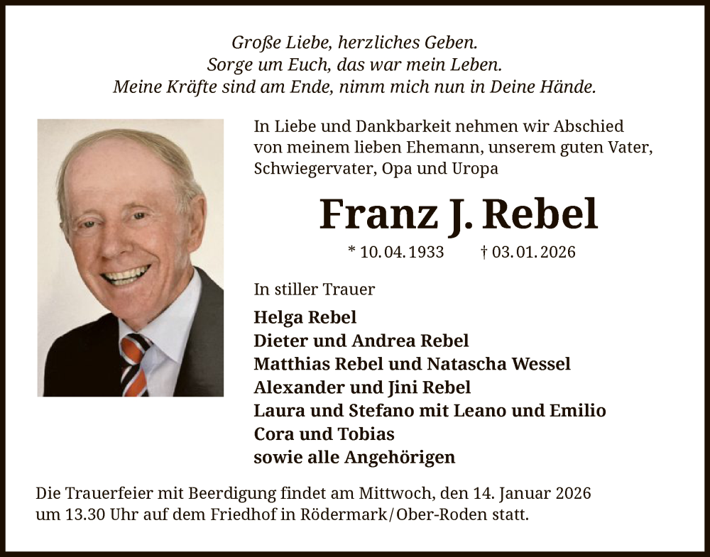  Traueranzeige für Franz J. Rebel vom 10.01.2026 aus OFOP