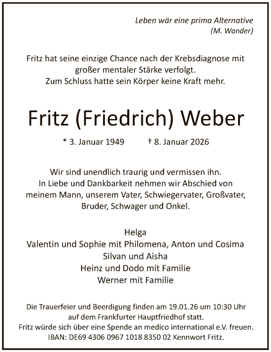 Traueranzeige von Fritz Weber von FNP
