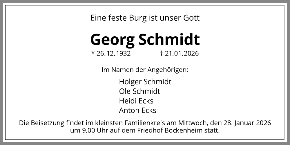  Traueranzeige für Georg Schmidt vom 27.01.2026 aus FNP