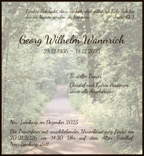 Traueranzeige von Georg Wilhelm Wannrich von OFOP