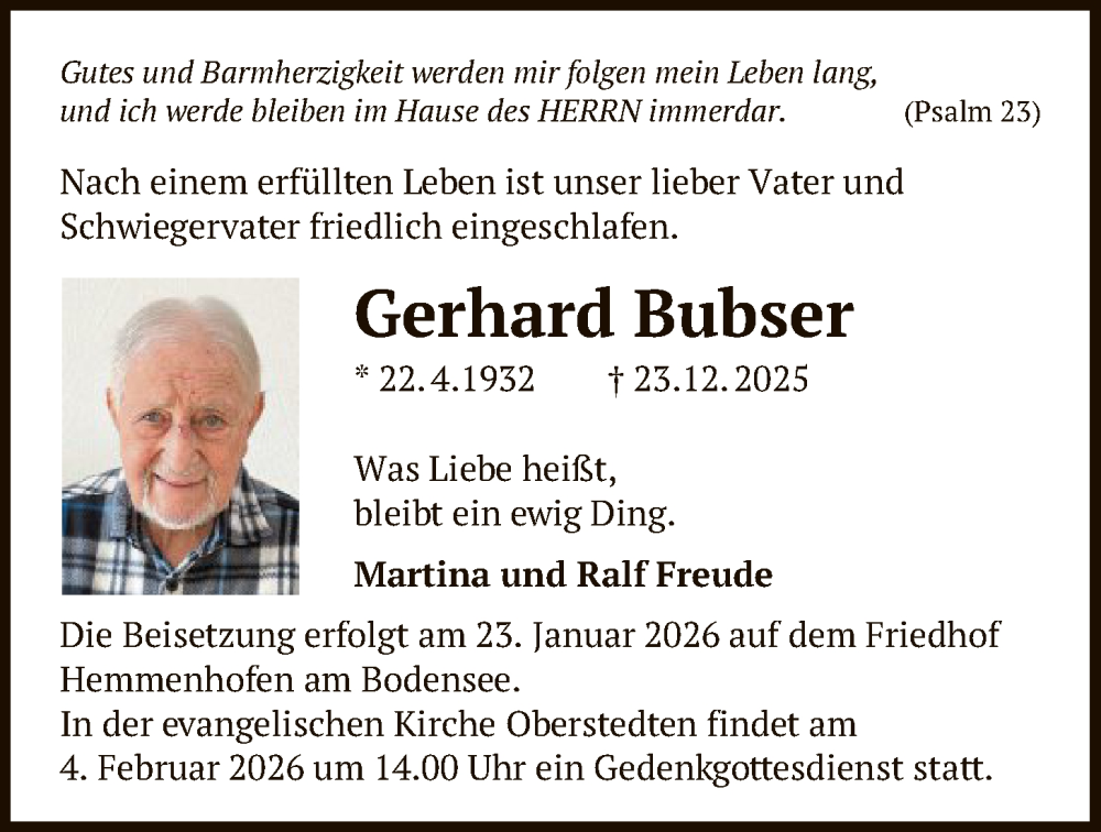  Traueranzeige für Gerhard Bubser vom 16.01.2026 aus FNP