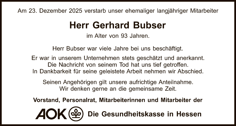  Traueranzeige für Gerhard Bubser vom 16.01.2026 aus FNP