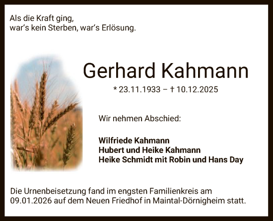 Traueranzeige von Gerhard Kahmann von OFHA