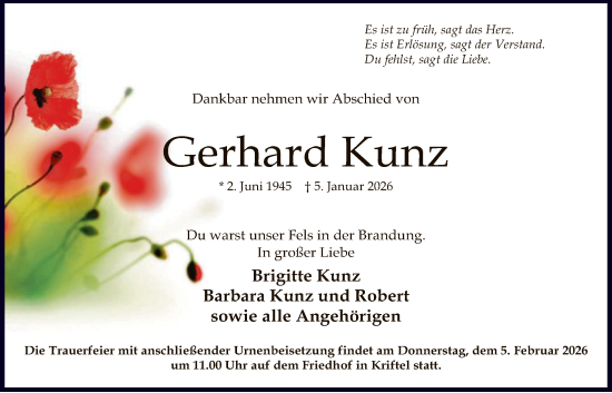 Traueranzeige von Gerhard Kunz von FNP