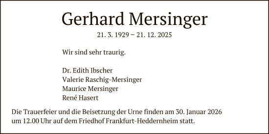 Traueranzeige von Gerhard Mersinger von FNP