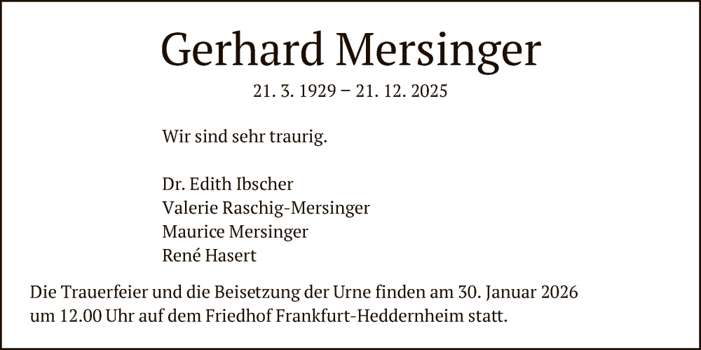  Traueranzeige für Gerhard Mersinger vom 03.01.2026 aus FNP