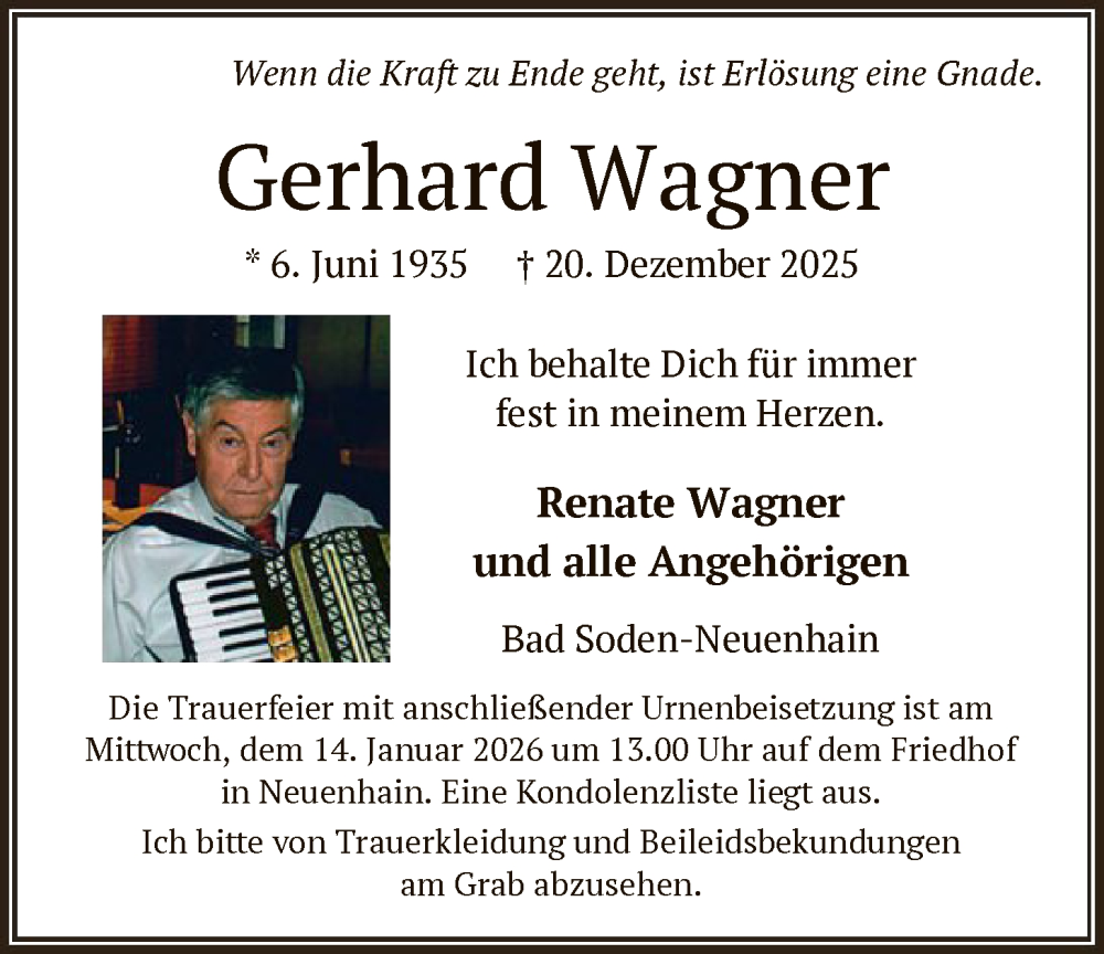 Traueranzeige für Gerhard Wagner vom 03.01.2026 aus FNP