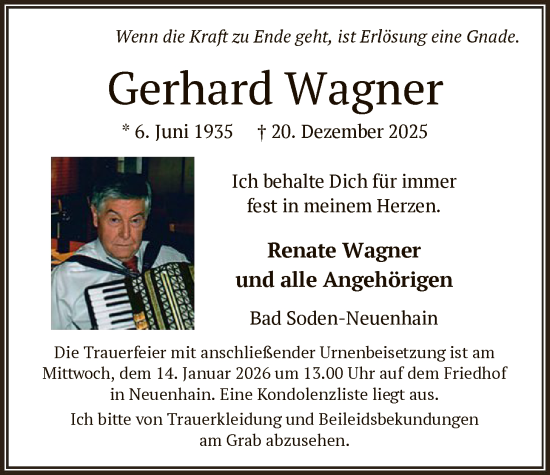 Traueranzeige von Gerhard Wagner von FNP