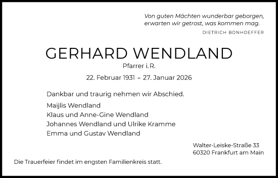 Traueranzeige von Gerhard Wendland von FNP