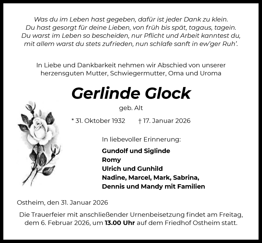  Traueranzeige für Gerlinde Glock vom 31.01.2026 aus OFHA