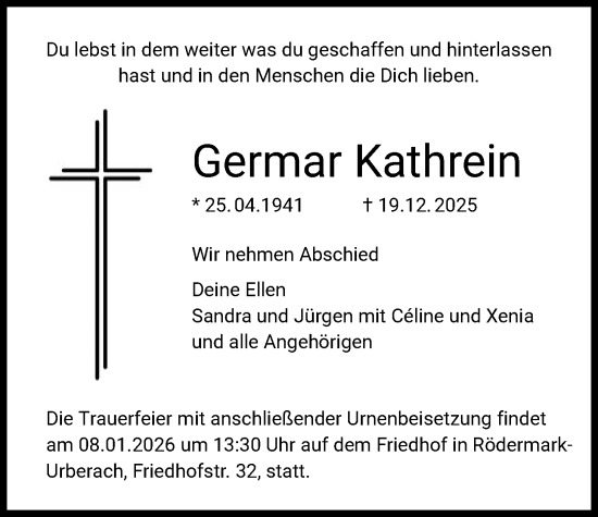 Traueranzeige von Germar Kathrein von OF0L