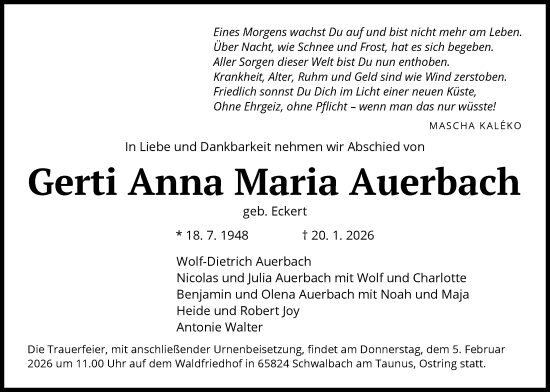 Traueranzeige von Gerti Anna Maria Auerbach von FNP