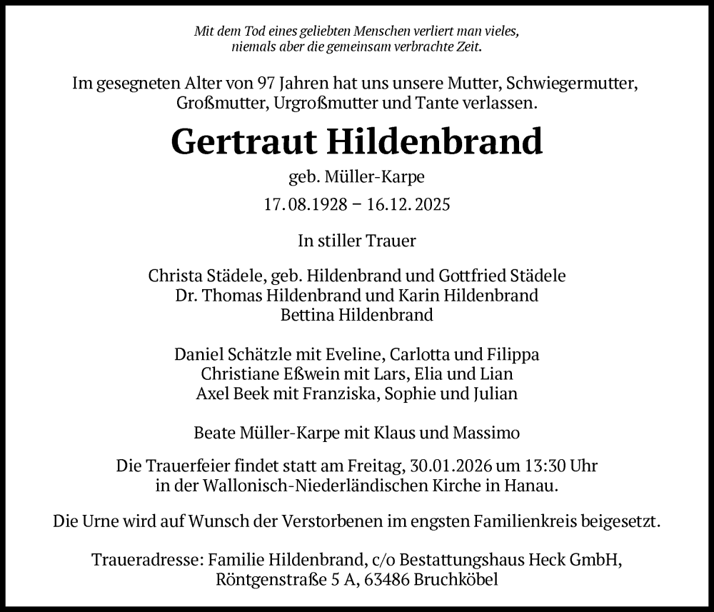  Traueranzeige für Gertraut Hildenbrand vom 17.01.2026 aus OFHA