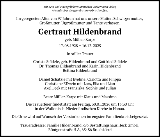 Traueranzeige von Gertraut Hildenbrand von OFHA