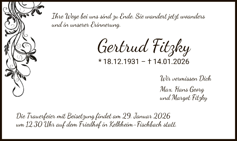  Traueranzeige für Gertrud Fitzky vom 17.01.2026 aus FNP